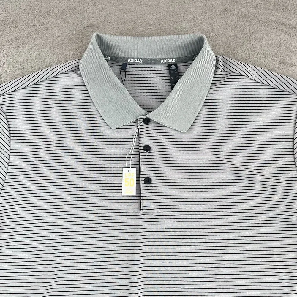 ADIDAS Golf Polo Shirt Men 2XL Grey Striped Performance Wicking UPF 50 SS NWT